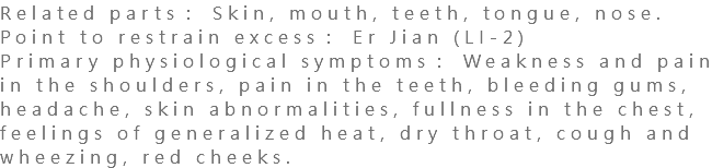 Related parts： Skin, mouth, teeth, tongue, nose. Point to restrain excess： Er Jian (LI-2) Primary physiological symptoms： Weakness and pain in the shoulders, pain in the teeth, bleeding gums, headache, skin abnormalities, fullness in the chest, feelings of generalized heat, dry throat, cough and wheezing, red cheeks.