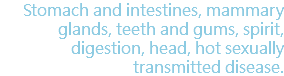 Stomach and intestines, mammary glands, teeth and gums, spirit, digestion, head, hot sexually transmitted disease.