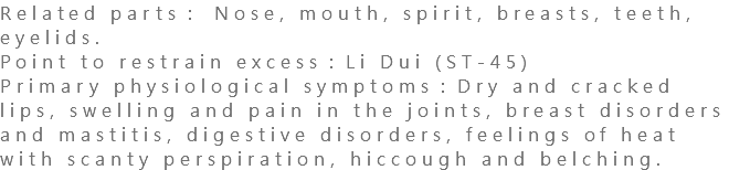 Related parts： Nose, mouth, spirit, breasts, teeth, eyelids. Point to restrain excess：Li Dui (ST-45) Primary physiological symptoms：Dry and cracked lips, swelling and pain in the joints, breast disorders and mastitis, digestive disorders, feelings of heat with scanty perspiration, hiccough and belching.