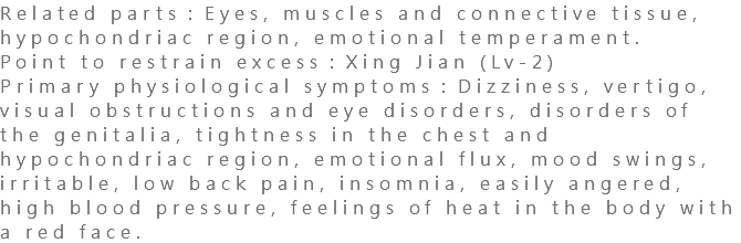 Related parts：Eyes, muscles and connective tissue, hypochondriac region, emotional temperament. Point to restrain excess：Xing Jian (Lv-2) Primary physiological symptoms：Dizziness, vertigo, visual obstructions and eye disorders, disorders of the genitalia, tightness in the chest and hypochondriac region, emotional flux, mood swings, irritable, low back pain, insomnia, easily angered, high blood pressure, feelings of heat in the body with a red face.