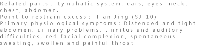Related parts： Lymphatic system, ears, eyes, neck, chest, abdomen. Point to restrain excess： Tian Jing (SJ-10) Primary physiological symptoms：Distended and tight abdomen, urinary problems, tinnitus and auditory difficulties, red facial complexion, spontaneous sweating, swollen and painful throat.