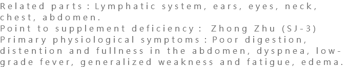 Related parts：Lymphatic system, ears, eyes, neck, chest, abdomen. Point to supplement deficiency： Zhong Zhu (SJ-3) Primary physiological symptoms：Poor digestion, distention and fullness in the abdomen, dyspnea, low-grade fever, generalized weakness and fatigue, edema.